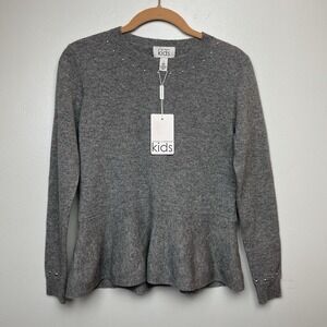 NWT Autumn Cashmere Kids‎ Sz 14 Studded Peplum Sweater Silver Gray Ribbed Sleeve